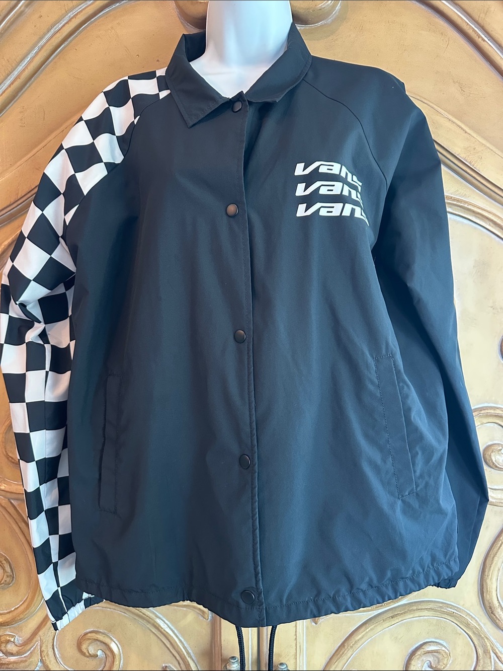 Vans Black Coach Jacket with White Checkerboard Sleeve
